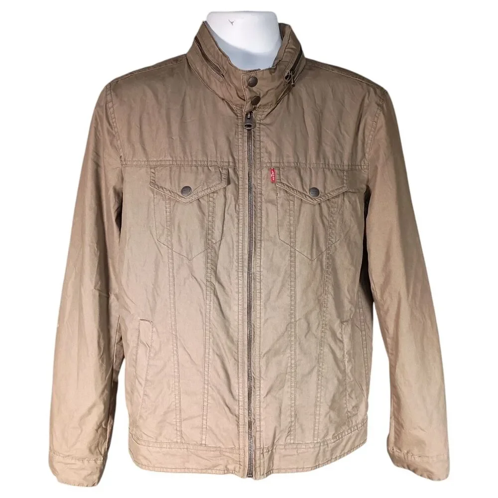 Levi's Two Pocket Military Jacket Mens Small Olive Green Hooded Full Zip